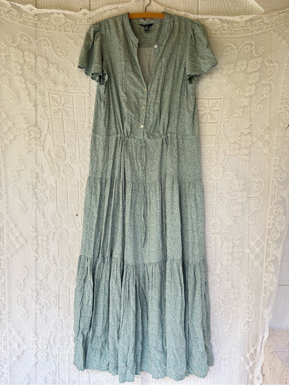 Chaps Sage Green Floral Tiered Maxi Dress Large